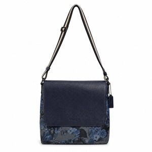 Coach Charles Messenger Bag Floral Print Navy Pebble Leather Crossbody F59301
